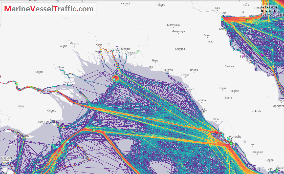 Live Marine Traffic, Density Map and Current Position of ships in GULF OF PAPUA